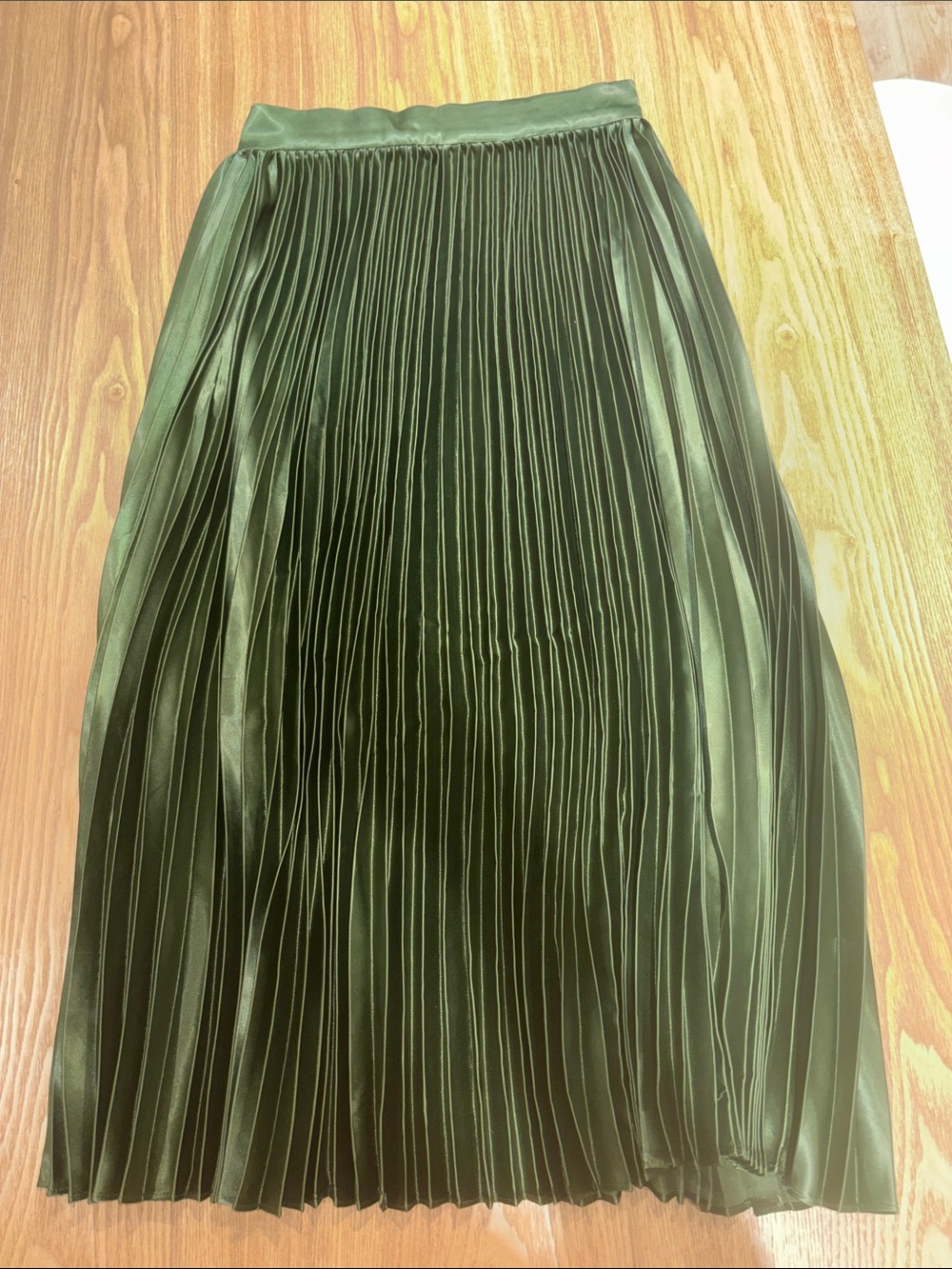 Olive Green Pleated Satin Midi Skirt